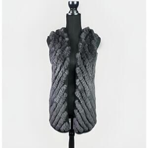 Ya Los Angeles 100% Rabbit Fur Knit Hooded Vest Sz S/M Gray Open Front Chic Glam